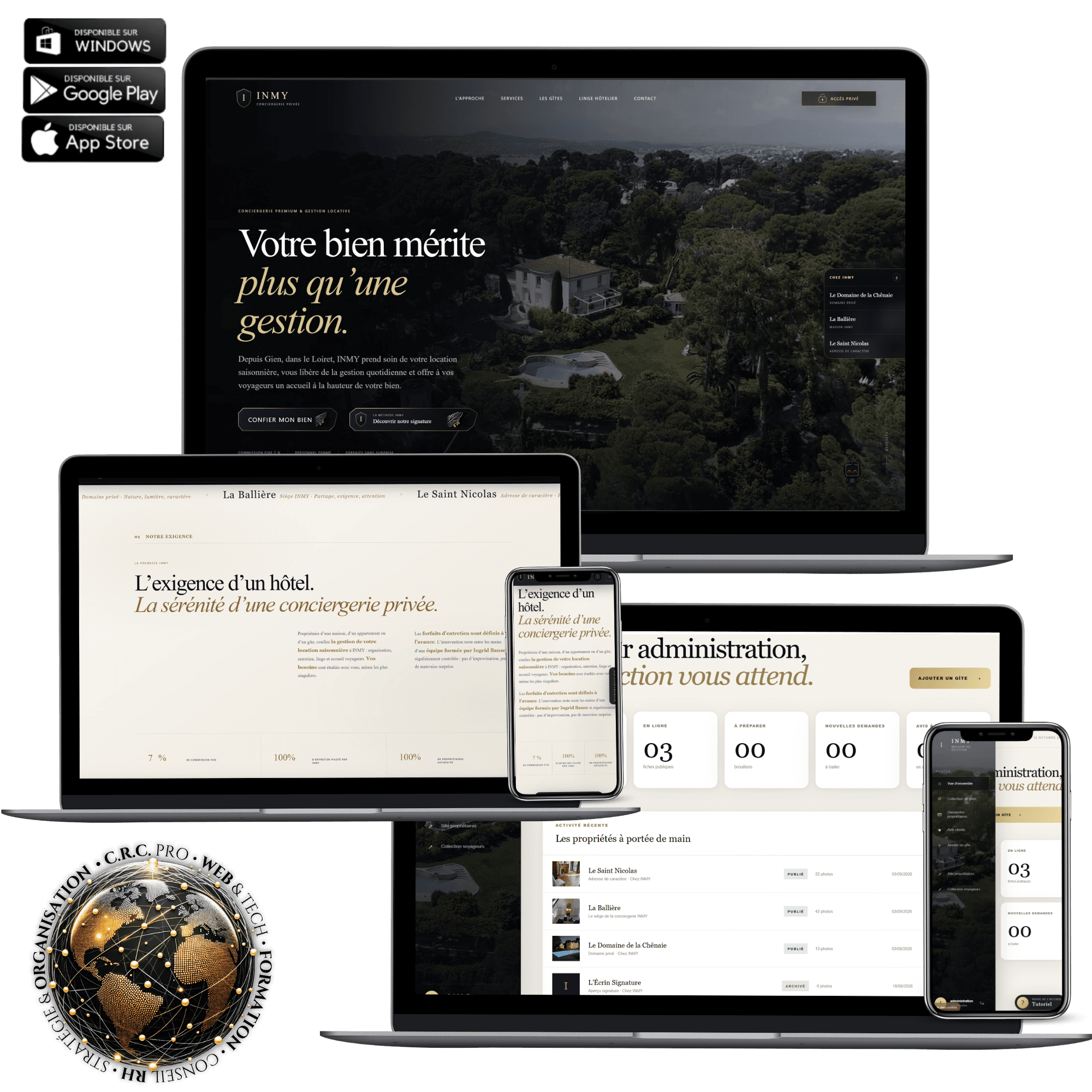 INMY Conciergerie : présentation des propriétés, collection de séjours et administration sur ordinateur et mobile