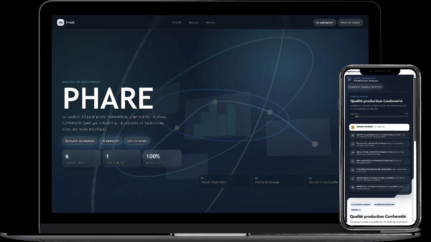 Interface PHARE LMS CRM ERP sur ordinateur et mobile